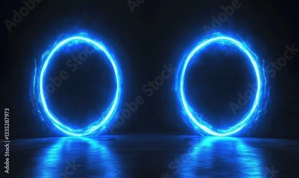 Fototapeta Two blue glowing circles are shown in a dark room