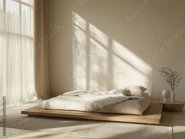 Fototapeta A modern bedroom interior features a minimalist platform bed frame