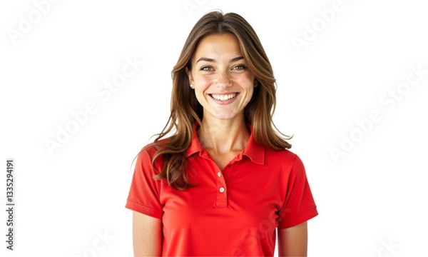 Fototapeta Smiling woman portrait in red polo shirt, isolated on transparent background. Cheerful, approachable for business, ads, profile pics, web banners, social media.