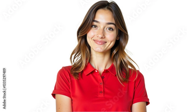 Fototapeta Smiling woman in red polo shirt isolated on transparent background. Studio portrait perfect for diverse uses: business, lifestyle, casual themes, and profile pictures.