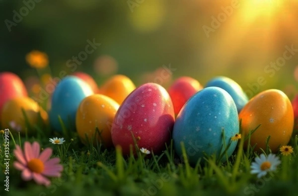 Fototapeta Eye catching display of decorated Easter eggs scattered among fresh green grass, colorful daisy flowers, creating enchanting atmosphere of spring holidays. Perfect illustration for festive greetings.