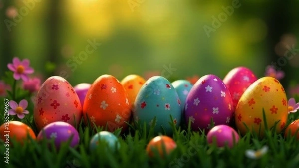 Fototapeta Brightly colored Easter eggs arranged on grassy meadow, highlighted by beautiful blooming flowers, radiating warmth and cheerfulness. Ideal for festive designs, seasonal decorations.