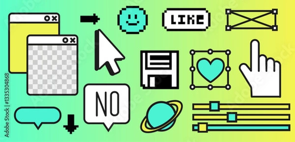 Fototapeta Pixels elements in the mood of 90's aesthetics. Y2k trendy stickers in 8-bit retro style on a gradient green background. Geometric Brutalism Simple forms, shapes and symbols.  