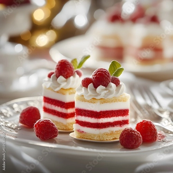 Obraz Delightful raspberry cakes served on elegant plates, selective focus
