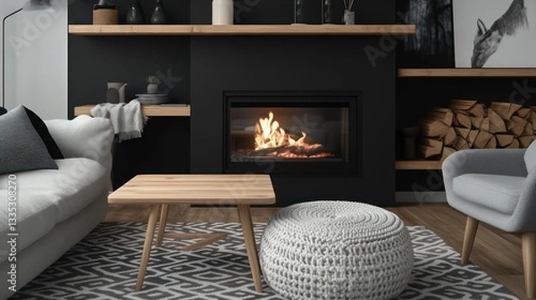 Obraz A cozy Scandinavian living room with a black fireplace, a plush light grey sofa, and a knitted footstool on a geometric patterned rug