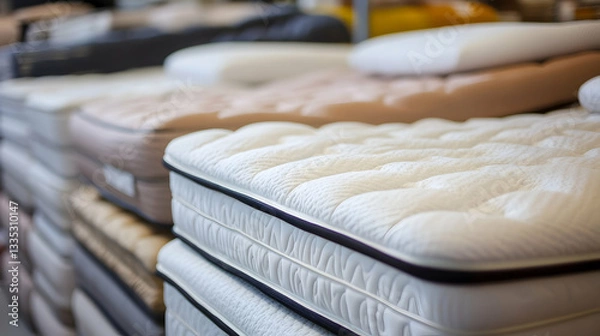 Fototapeta Various mattresses on display in a store, seen up close for product inspection