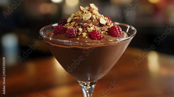 Fototapeta Vegan chocolate mousse topped with crushed nuts and berries, served in a clear glass
