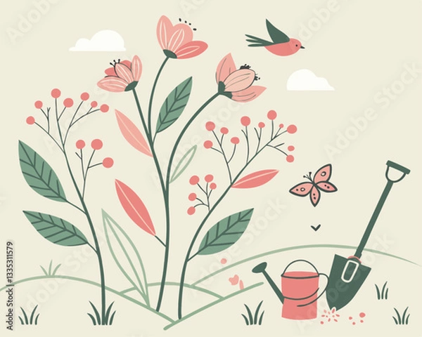 Fototapeta Spring Garden Vector Illustration with Flowers, Bird and Gardening Tools. Minimalistic and soft-colored vector illustration featuring blooming flowers, leaves, berries, butterfly, bird, watering can.