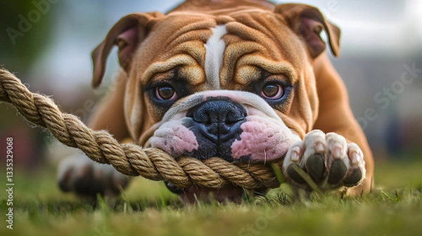 Fototapeta Playful bulldog puppy enjoying a game of tug-of-war with a rope on a sunny day. Adorable active pet