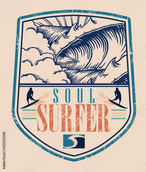 Fototapeta Vector illustration of emblem with surfing elements. Art for printing on t-shirts, etc.