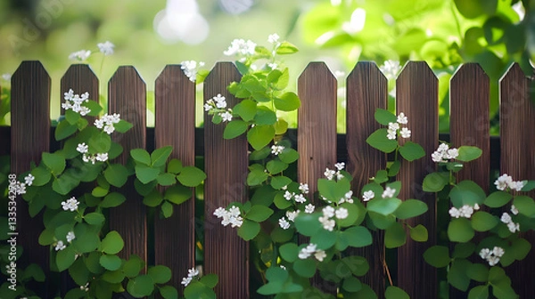 Obraz Wooden fence adorned with vibrant greenery and small white flowers in natural outdoor setting
