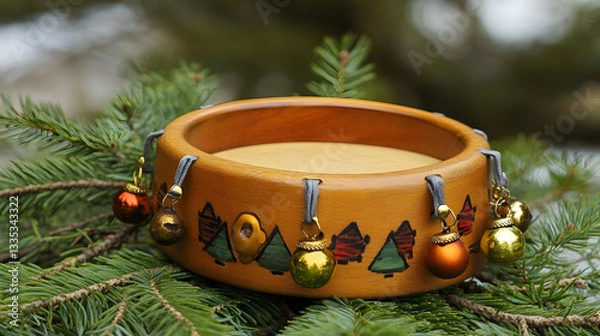 Obraz Wooden tambourine with jingle bells, symbolizing music and festive celebrations