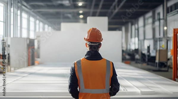 Obraz Worker overseeing the 3D printing of an entire building, revolutionary construction technology