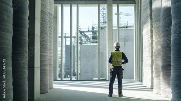 Obraz Worker overseeing the 3D printing of an entire building, revolutionary construction technology