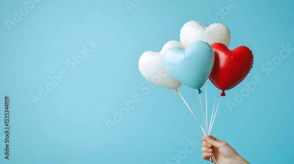Obraz World Compliment Day concept. A hand holds heart-shaped balloons for World Compliment Day against a blue background
