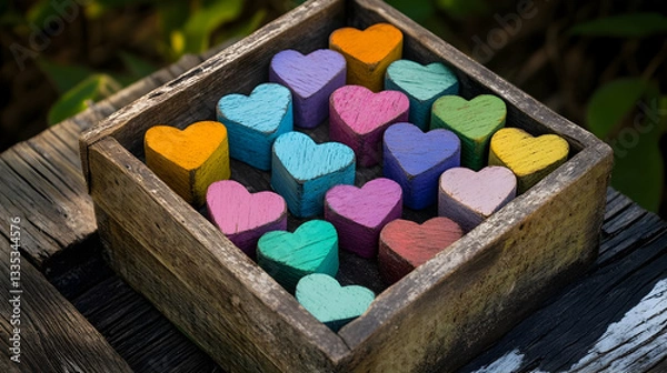 Obraz World Compliment Day concept. A rustic box with colorful blocks featuring heart designs on a wooden surface