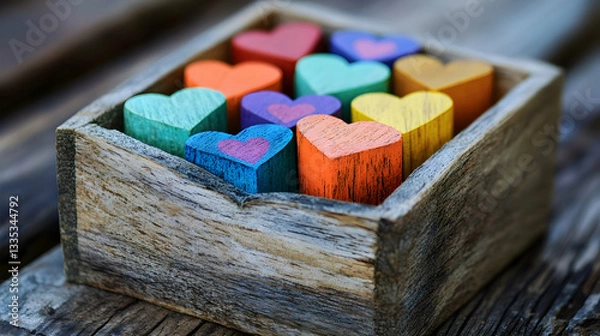 Obraz World Compliment Day concept. A rustic box with colorful blocks featuring heart designs on a wooden surface