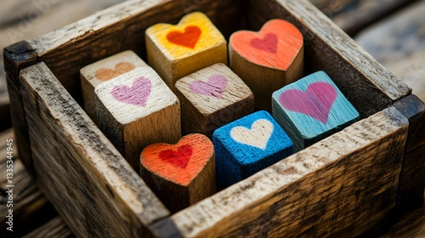 Obraz World Compliment Day concept. A rustic box with colorful blocks featuring heart designs on a wooden surface