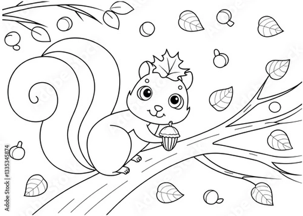 Fototapeta A charming black and white illustration of a squirrel holding an acorn, perched on a tree branch.