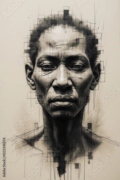 Fototapeta Interpretive pencil sketch of ancestral African figures with fragmented faces, dissolving into abstraction on textured paper, created with expressive graphite strokes and bold black ink