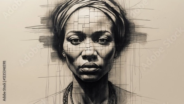 Fototapeta Ethereal pencil sketch of ancestral African women with fragmented faces, blending into a hazy abstraction on textured paper, created with expressive graphite strokes and bold black ink