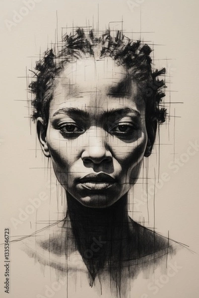 Fototapeta Ethereal pencil sketch of ancestral African women with fragmented faces, blending into a hazy abstraction on textured paper, created with expressive graphite strokes and bold black ink