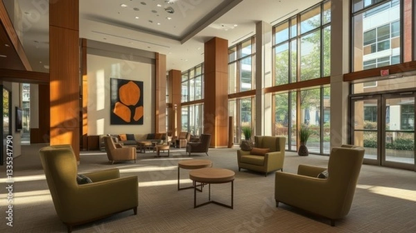 Fototapeta An elegant apartment complex lobby featuring modern furniture in earthy tones like terracotta, olive, and tan