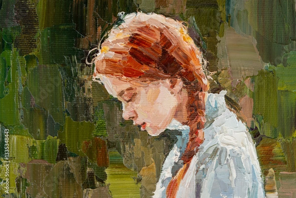 Fototapeta  A young girl is reading an interesting red-bound book. Oil painting on canvas.