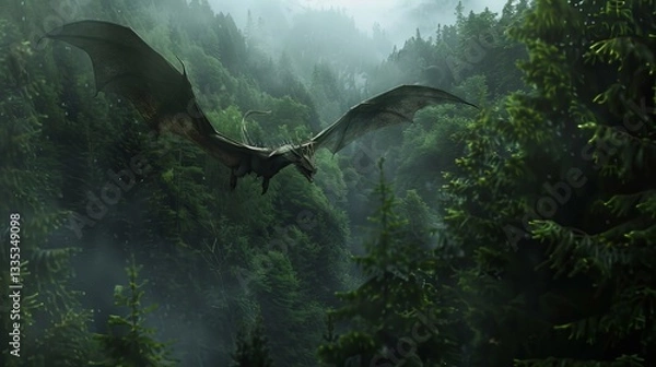 Obraz A majestic dragon soaring over a misty forest, showcasing detailed scales and massive wings.