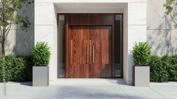 Obraz A bold and modern front door made of rich wood, set against a pristine white stone facade