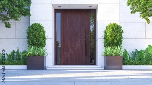 Obraz A bold and modern front door made of rich wood, set against a pristine white stone facade