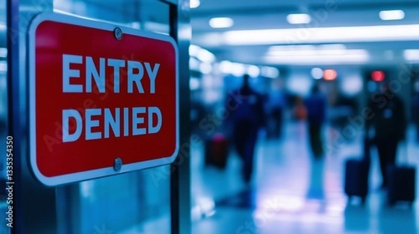 Fototapeta "Entry Denied" Sign at an Airport Security Checkpoint for Immigration Policies, Border Control, and Travel Restrictions Articles in Cool Blue and Red Tones