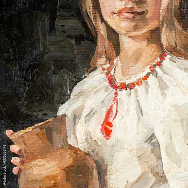 Fototapeta girl holding a clay jug. portrait of a woman on a black background. oil painting on canvas.
