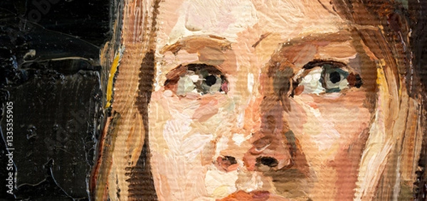 Fototapeta girl holding a clay jug. portrait of a woman on a black background. oil painting on canvas.
