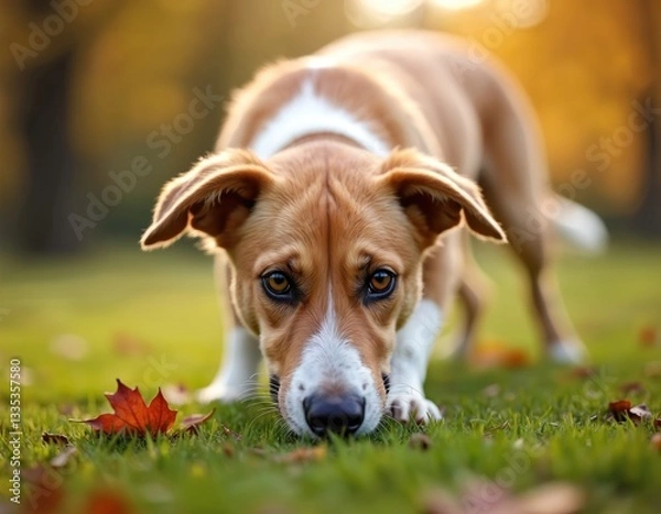 Fototapeta Dog sniffs ground on green grass. Ginger color cute puppy searches something, using sense of smell to track scent. Animal walks, explores instincts with his nose down, curious pet.