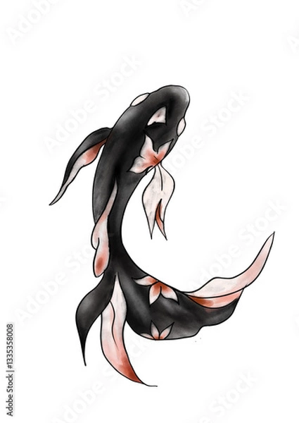Obraz Black fish in Chinese style painted with watercolor