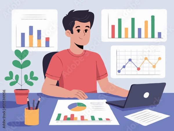 Fototapeta Data Analyst in Workspace - Vector Illustration