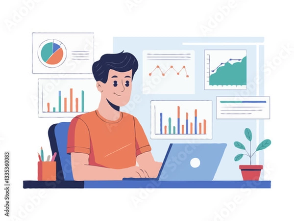 Fototapeta Data Analyst in Workspace - Vector Illustration