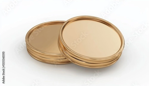 Fototapeta Two golden circular lids, likely for containers.  They are smooth and glossy, with a double-ring design