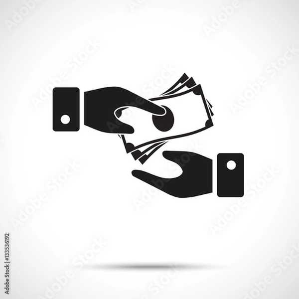 Obraz Receiving Money Icon. Corruption symbol. Two vector hands, giving money. Giving a money from one hand to another.