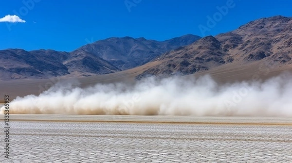 Fototapeta A dust cloud rising on an arid landscape near mountains