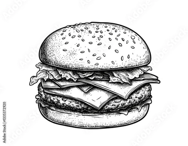 Fototapeta  Black and white simple hand drawn big hamburger isolated on white background.