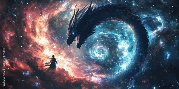 Fototapeta A dragon faces a person inside a beautiful space nebula