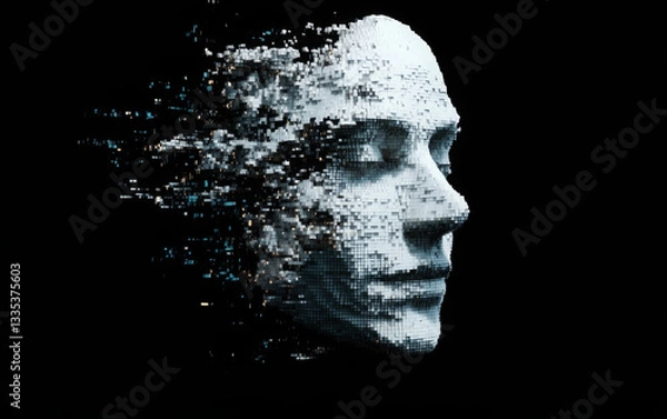 Fototapeta Abstract digital human face. Artificial intelligence concept of big data or cyber security. 3D illustration  
