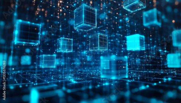 Fototapeta futuristic warehouse with interconnected, glowing blue digital lines and floating boxes, representing an AI driven supply chain management system optimizing logistics 