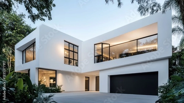 Obraz A minimalist modern house with white angular walls and large, expansive windows