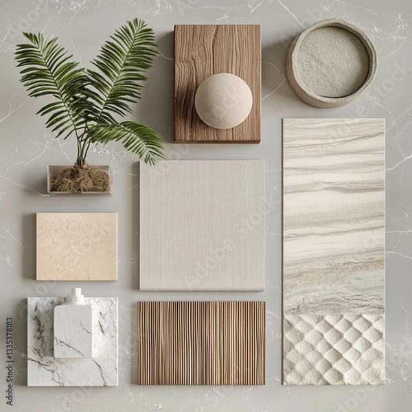Fototapeta create a realistic japandi interior design mood board with wood, fabrics, marble tiles and plants with light colours 
