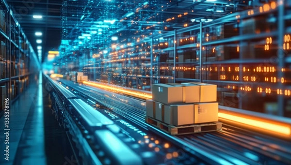 Fototapeta Smart warehouse management system using augmented reality technology to identify package picking and delivery . Future concept of supply chain and logistic business