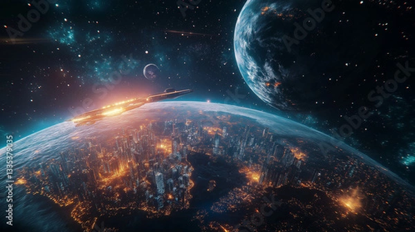 Fototapeta Neon-Lit Earth and Moon in a Futuristic Galaxy