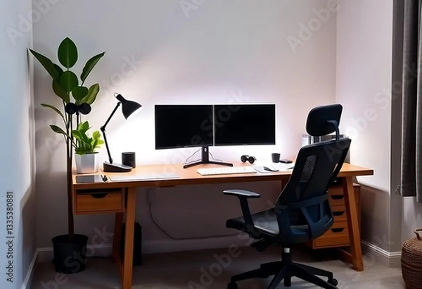 Fototapeta Sleek Minimalist Home Office with Dual Monitors & Warm Wood Accents